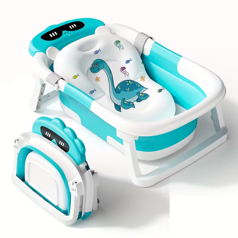 Foldable Baby Bathtub with Soft Seat & Auto-Heating Drain Plug