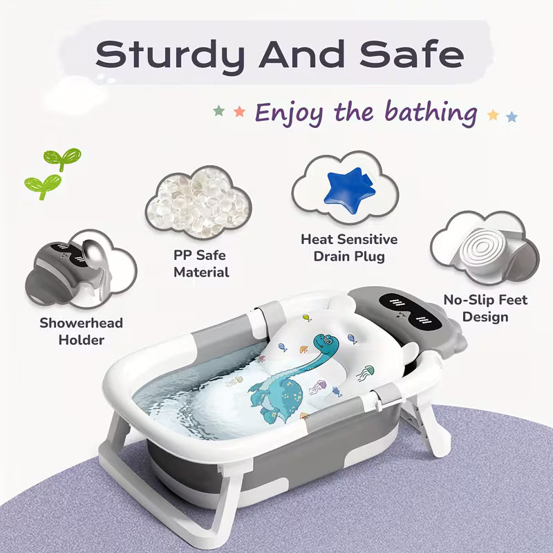 Foldable Baby Bathtub with Soft Seat & Auto-Heating Drain Plug