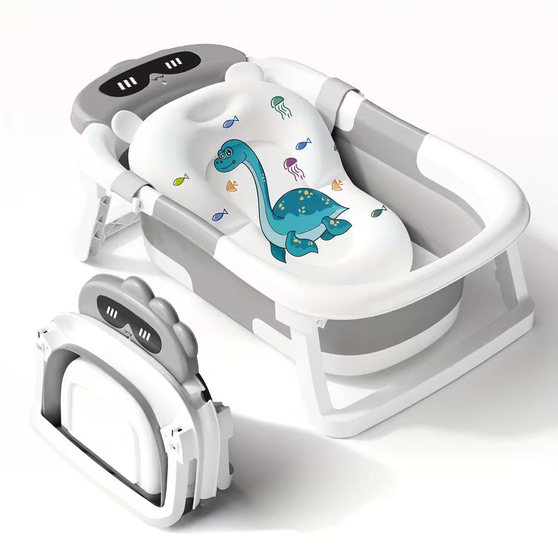 Foldable Baby Bathtub with Soft Seat & Auto-Heating Drain Plug