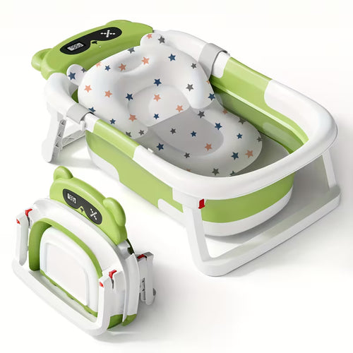 Baby Bathtub with Soft Cushion And Thermometer Portable Travel Foldable Baby Bathtub with Drain Hole Durable Foldable Baby Bath Tub Newborn to Toddler