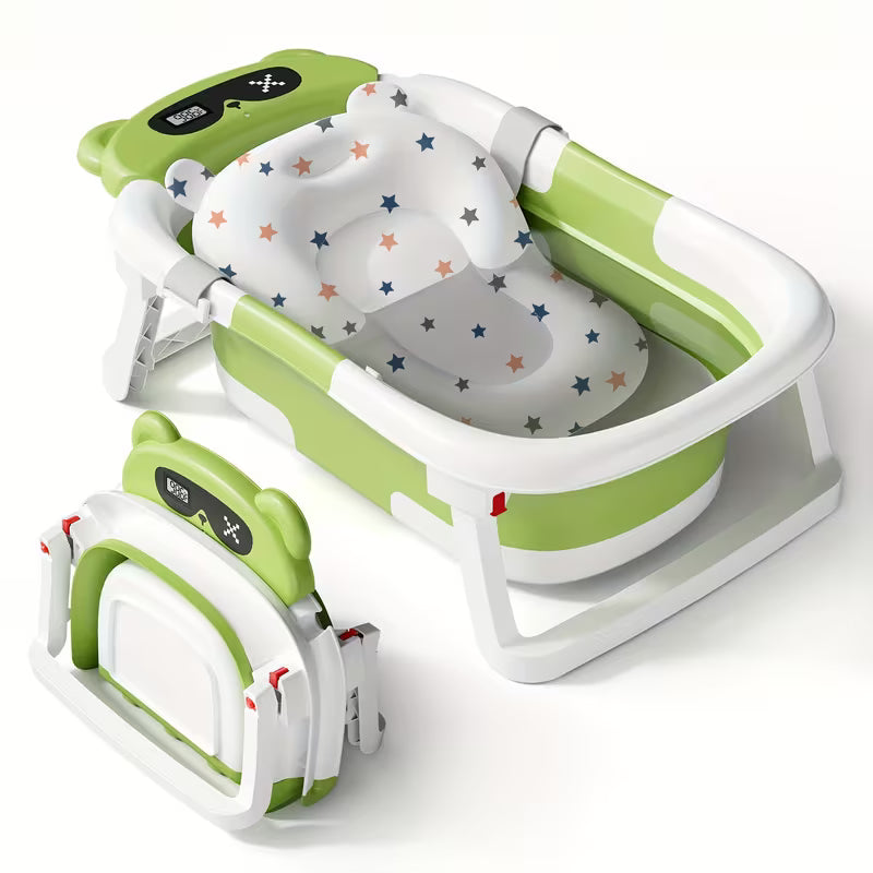 Baby Bathtub with Soft Cushion And Thermometer Portable Travel Foldable Baby Bathtub with Drain Hole Durable Foldable Baby Bath Tub Newborn to Toddler